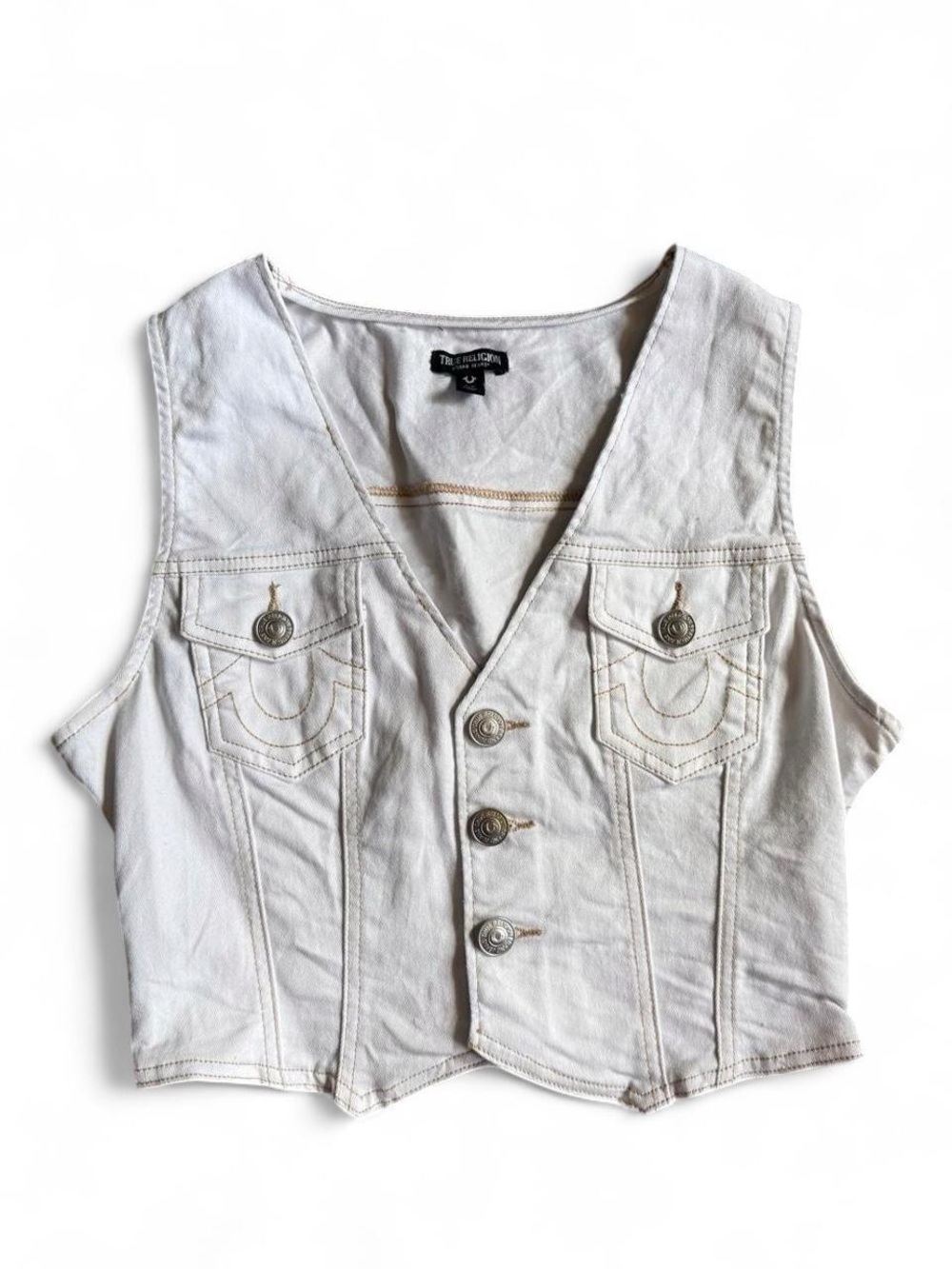 True Religion White Cropped Denim Vest with Button Front